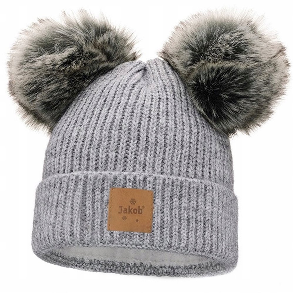 Zimowa CZAPKA damska z dwoma pomponami na polarze Gruba Ciepla Polska Szara