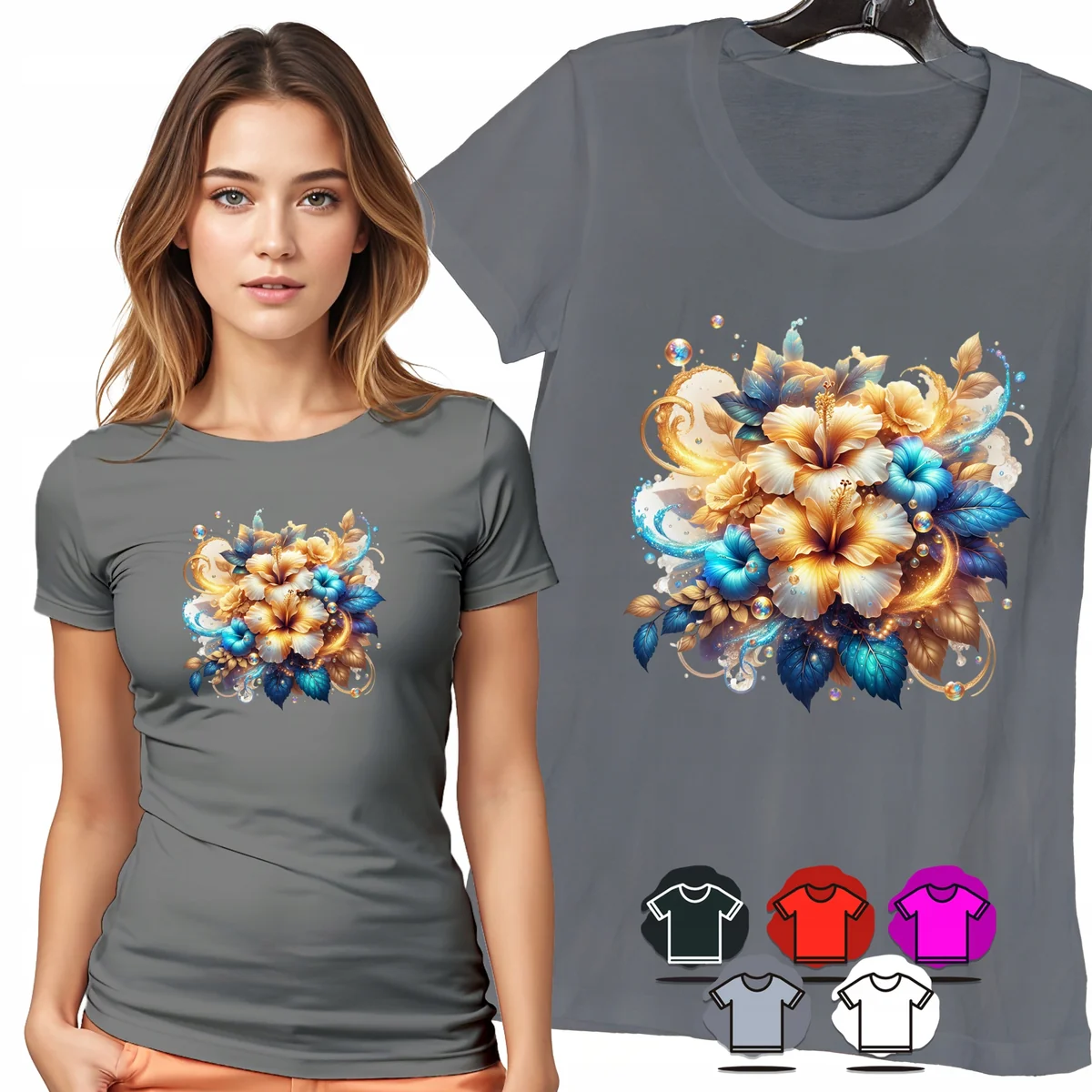 KOSZULKA DAMSKA T-SHIRT - KWIATY BEŻ NIEBIESKI AKWARELA DAMSKI WZÓR - M