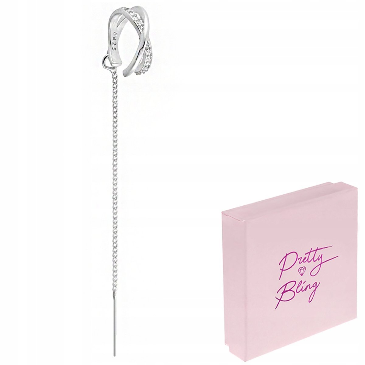 Nausznica damska kolczyk przeciągana okrągła CYRKONIA wiszący łańcuszek