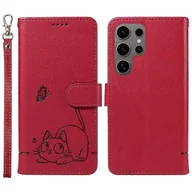 Portfele - Do Samsung Galaxy S25 Ultra Portfel Wzór kota Nadruk Skórzany pokrowiec na telefon z paskiem na nadgarstek Czerwony - miniaturka - grafika 1