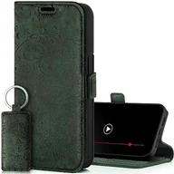 Etui i futerały do telefonów - SURAZO Etui na telefon komórkowy Apple iPhone 15 Pro Max Slim – składane etui ochronne z prawdziwej skóry [przegródka na karty, ochrona RFID, kwiatowy wzór] etui z klapką, skórzane etui (zielone) - miniaturka - grafika 1