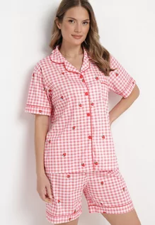 Piżamy damskie - Różowo-Biały Komplet Piżamowy w Kratkę Koszula i Luźne Szorty Elitra - grafika 1