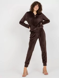 Komplety damskie - Komplet welurowy ciemny brązowy casual bluza i spodnie kaptur rękaw długi nogawka ze ściągaczem długość długa kieszenie - grafika 1