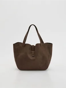 Reserved - Torebka shopper z imitacji zamszu - ciemnobrązowy - Torebki damskie - miniaturka - grafika 1