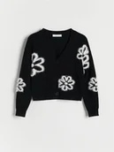 Swetry dla dziewczynek - Reserved - Kardigan w kwiaty - czarny - miniaturka - grafika 1