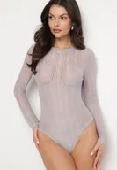 Srebrne Siateczkowe Body z Okrągłym Dekoltem i Metalicznym Zdobieniem Jorunna