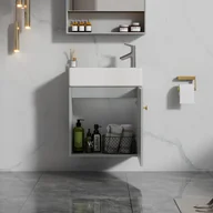 Szafki łazienkowe - Szafka łazienkowa z pojedynczą umywalką, szafka dolna z umywalką ceramiczną - 46 x 26 x 56 cm - drewno MDF - kolor szary - miniaturka - grafika 1