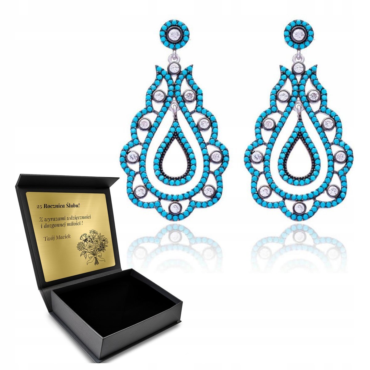 Kolczyki Srebrne Tureckie Tulipany Orientalne Z Turkusem Cyrkonie + Grawer