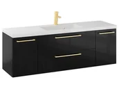 Szafki łazienkowe - Szafka Wisząca Z Umywalką RON 140 cm D - Czarny Wysoki Połysk - Uchwyty Złote Szczotkowane - miniaturka - grafika 1