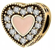 Bransoletki - Złoty Charms Różowe Serce Emalia Serduszko z Cyrkoniami SREBRO 925 - miniaturka - grafika 1