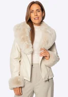 Kurtki damskie - Damska kurtka z ekoskóry z futerkowym kołnierzem i mankietami kremowa - miniaturka - grafika 1
