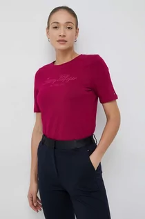 Koszulki sportowe damskie - Tommy Hilfiger t-shirt bawełniany kolor fioletowy - grafika 1