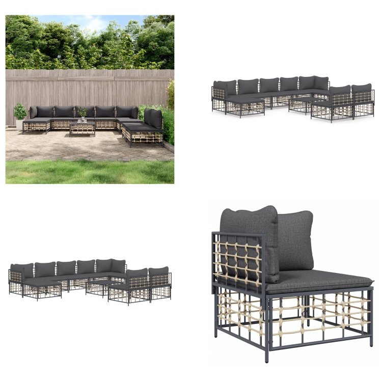 vidaXL 10-częściowy ogrodowy zestaw wypoczynkowy z poduszkami antracytowy polirattan - ogrodowy zestaw wypoczynkowy - ogrodowe zestawy wypoczynkowe - zestaw wypoczynkowy - meble ogrodowe