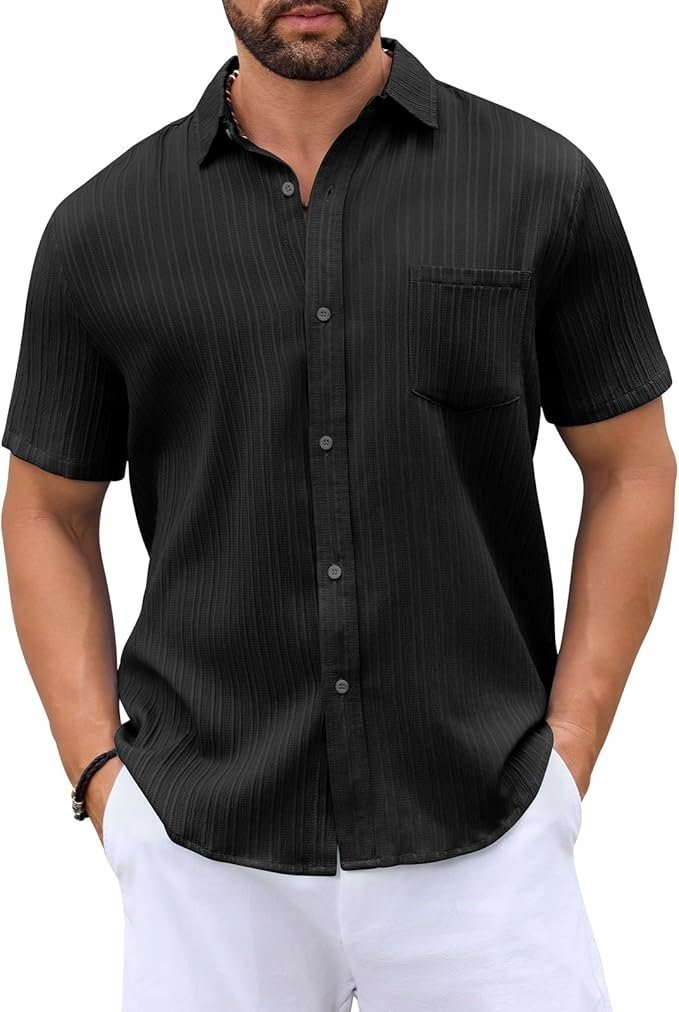Koszula Męska Letnia Bawełniana M Krótki Rękaw Czarna w Paski
