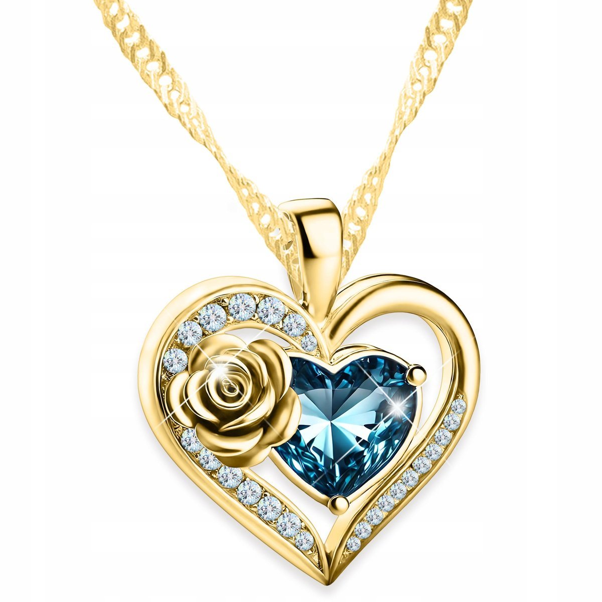 Złoty Naszyjnik z Różą Niebieskie Kryształowe Serce Kwiat Róża SREBRO 925