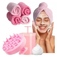 Ręczniki - Ręcznik Turban do włosów z mikrofibry + Szczotka do mycia masażu głowy + Spieniacz do szamponu ZESTAW Laroxy - miniaturka - grafika 1