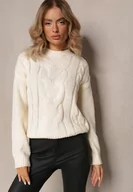 Swetry damskie - Jasnobeżowy Klasyczny Sweter z Dzianiny Ozdobionej Warkoczowym Wzorem Sellema - miniaturka - grafika 1