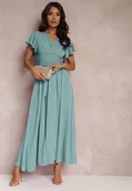 Sukienki - Miętowa Sukienka Rozkloszowana z Rozcięciem i Kopertowym Dekoltem Jozlyn - miniaturka - grafika 1