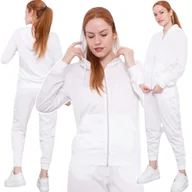 Bluzy sportowe damskie - WYGODNY KOMPLET DRESOWY DWUCZĘŚCIOWY DRES BLUZA Z KAPTUREM DAMSKI BIAŁY M - miniaturka - grafika 1
