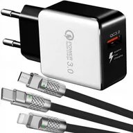 Ładowarki do telefonów - SZYBKA ŁADOWARKA SIECIOWA QC 3.0 + KABEL PANCERNY DO IPHONE MICRO USB-C 3w1 - miniaturka - grafika 1