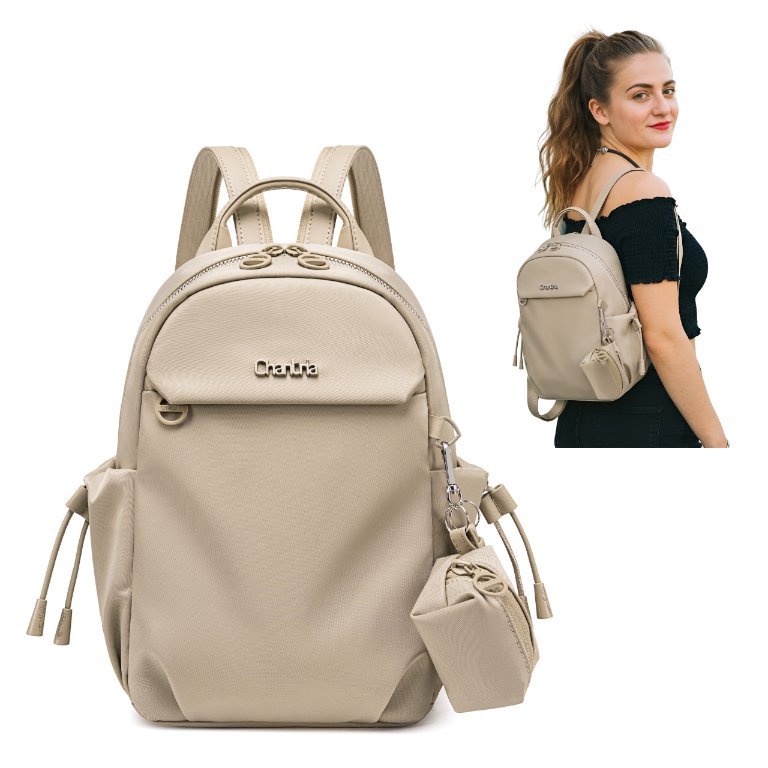 Plecaczek mini damski elegancki beżowy na lato z etui na słuchawki na Ipad