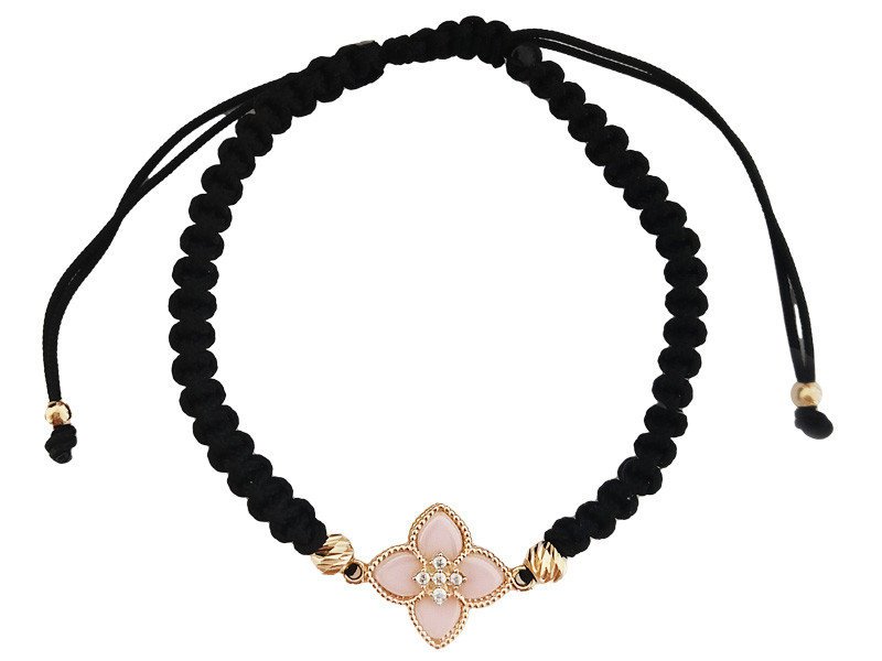 Złota bransoletka 585 na czarnym sznurku z różowym kwiatuszkiem i kulkami