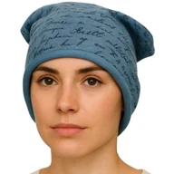 Czapki damskie - Czapka Damska Beanie Włoska Cienka Smerfetka Niebieska W Granatowe Napisy - miniaturka - grafika 1