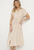 Sukienki - Beżowa Sukienka Koszulowa z Wiskozy Wiązana w Pasie Florazi - miniaturka - grafika 1