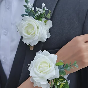 TEMU Zestaw 2 sztuk: Flower Corsage & Wristlet - Idealny dla Panien Młodych, Drużbów i Dekoracji Ślubnych - Inne - miniaturka - grafika 1