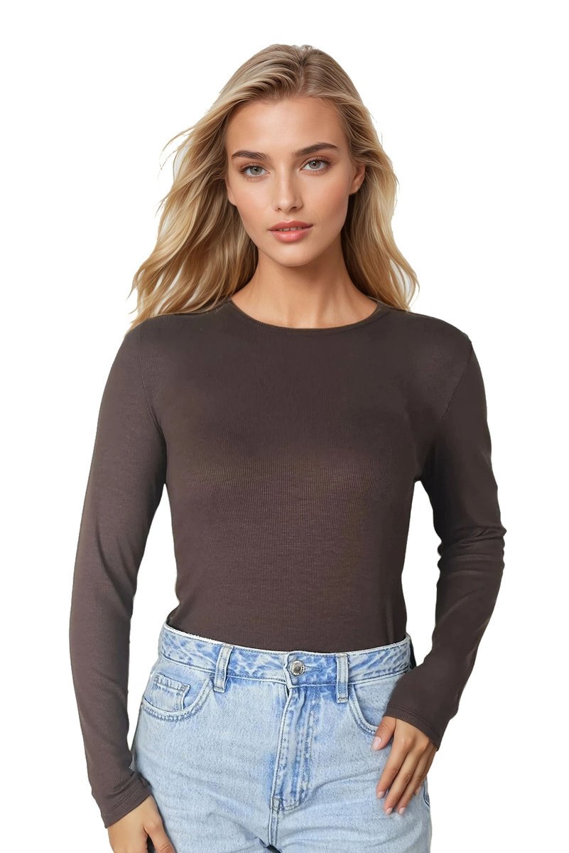 Prążkowana koszulka damska z wiskozy z długim rękawem Irma czekoladowa S