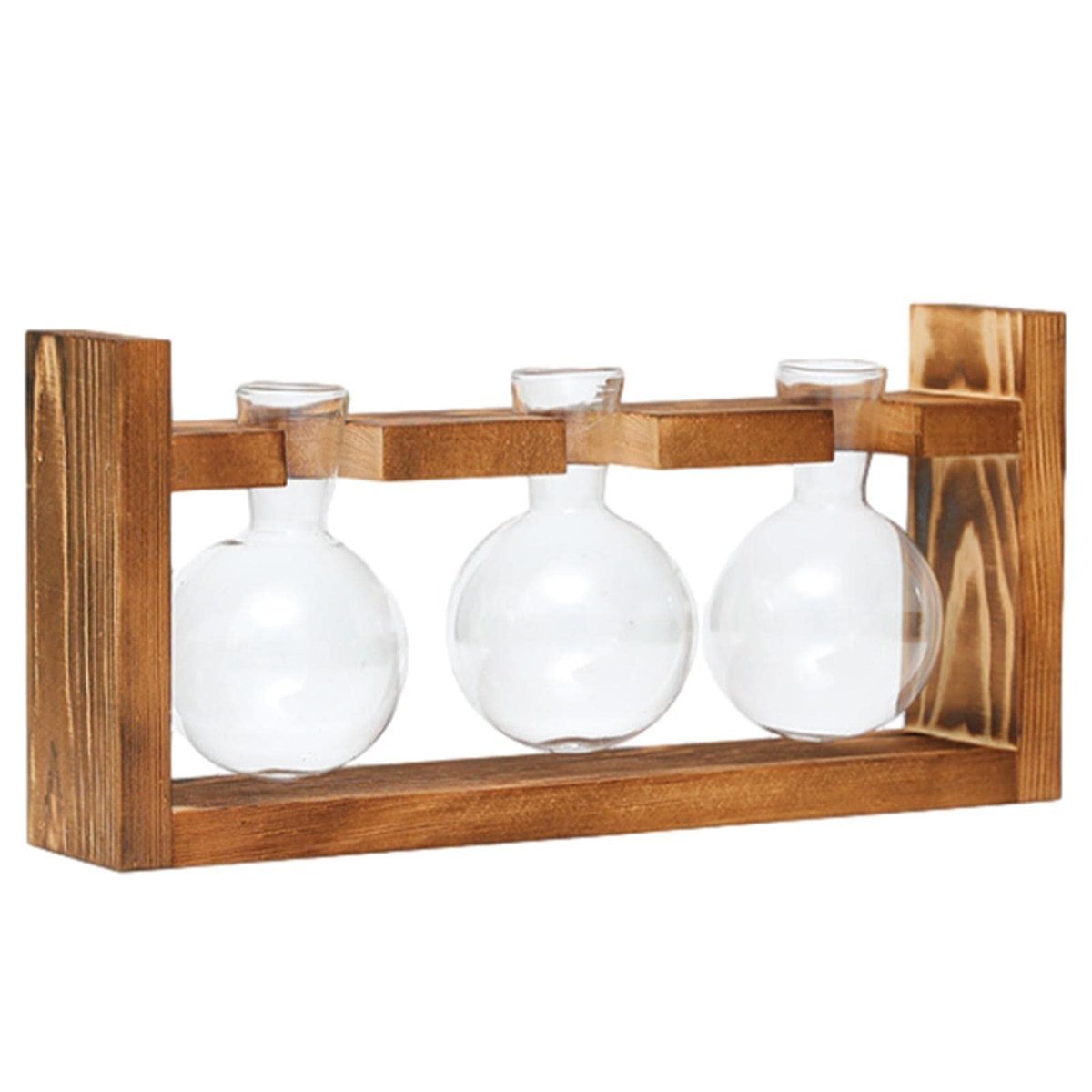 Terrarium dla roślin z drewnianym stojakiem, wisząca szklana doniczka na ścianę, stojak na wazon w stylu retro z 3 butelkami na pąki do roślin hydro..