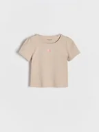 Bluzki dla niemowląt - Reserved - Prążkowany t-shirt z haftem - beżowy - miniaturka - grafika 1