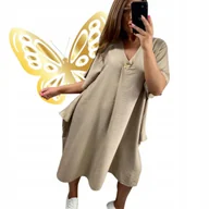 Sukienki - elegancka beżowa sukienka z motylem złotym luŹna wygodna piękna 50 52 6xl - miniaturka - grafika 1
