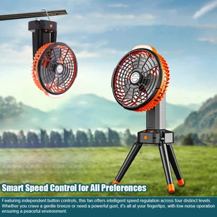 wentylator kempingowy 2 w 1 z oświetleniem LED, wielofunkcyjny wentylator sufitowy do namiotu, akumulatorowy wentylator na statywie, obsługujący 4-stopniowe prędkości wiatru do biura domowego, kempingu, pikniku, wędkowania - Wentylatory sufitowe - miniaturka - grafika 1
