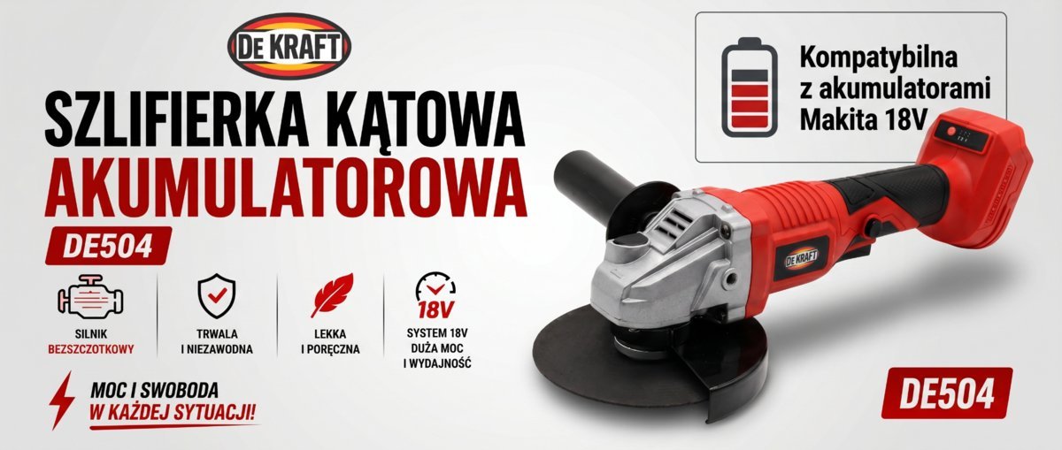 DEKRAFT AKUMULATOROWA SZLIFIERKA KĄTOWA 18V DE504 125mm / Mocowanie akumulatora Makita LXT 18V