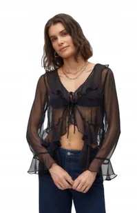 VERO MODA BLUZKA DAMSKA CZARNA Z FALBANAMI PRZEŚWITUJĄCA S DRD - Bluzki damskie - miniaturka - grafika 1