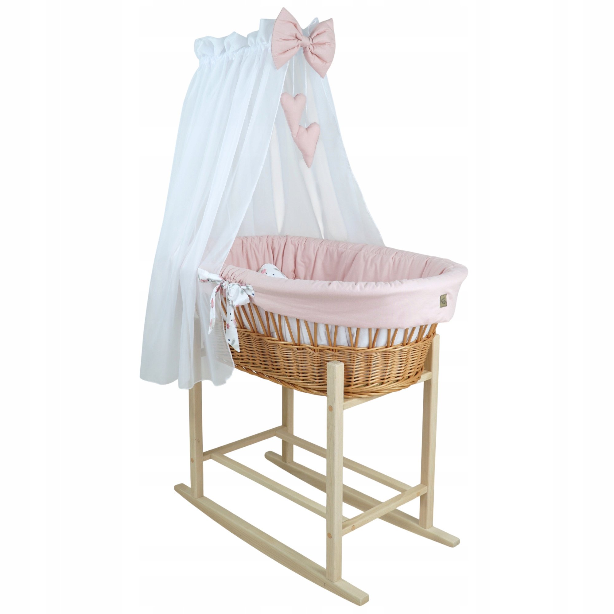 Wiklinowy kosz Mojżesza Oliwia naturalny z kołyską i pościelą róż. zajączek
