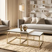 Ławy i stoliki kawowe - Zestaw Stolików Kawowych TENOR Biały Marmur/ Złoty do Salonu Glamour - miniaturka - grafika 1