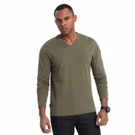 Koszulki męskie - Longsleeve męski 100% bawełna ciemnooliwkowy serek V2 OM-LSBL-0108 r. L - miniaturka - grafika 1