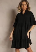 Sukienki - Czarna Rozkloszowana Sukienka z Wiskozą i Falbanami Eviranna - miniaturka - grafika 1