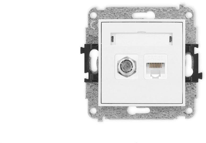Karlik ICON Mechanizm gniazda antenowego poj. typu F SAT + gniazda komp. poj. 1xRJ45, kat. 5e, 8-stykowy biały IGFK-1