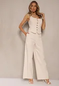 Komplety damskie - Beżowy Elegancki Komplet Top z Guzikami i Szerokie Spodnie z Wiskozy i Bawełny Divianne - miniaturka - grafika 1