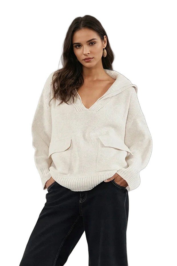TRENDYOL SWETER DAMSKI Z KAPTUREM I KIESZENIAMI W KOLORZE ECRU M 5EA*