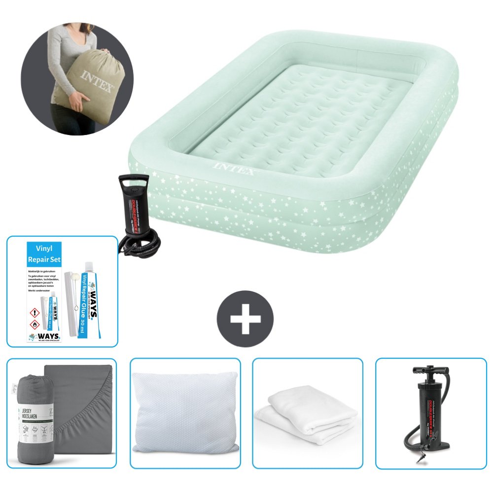 Materac dmuchany Intex Kidz - 1 osoba - 107 x 168 x 25 cm - Miętowa zieleń - W zestawie pompka - prześcieradło - pompka - zestaw naprawczy en ochraniacz na poduszkę