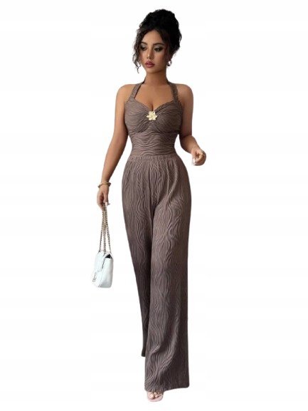 SHEIN BRĄZOWE SPODNIE PALAZZO Z FALOWANYM WZOREM CASUAL 36 1JD