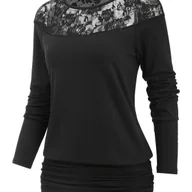 Bluzki damskie - TEMU Bluzka Damska Casual z Kontrastową Koronką i Długim Rękawem - Czarny Wzór Kwiatowy, Prześwitująca Nakładka z Koronki, Okrągły Dekolt, Średnio - miniaturka - grafika 1