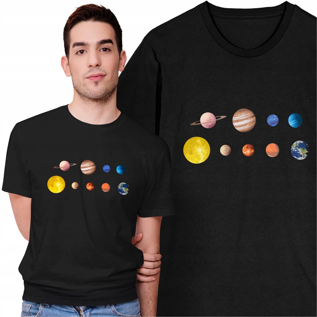 Koszulka Męska z Nadrukiem Układ Słoneczny Słońce Planety Kosmos Galatyka