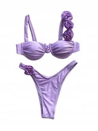 Stroje kąpielowe - STRÓJ KĄPIELOWY BIKINI DWUCZĘŚCIOWY OZDOBNE KWIATY SEKSOWNY FIOLETOWY S - miniaturka - grafika 1