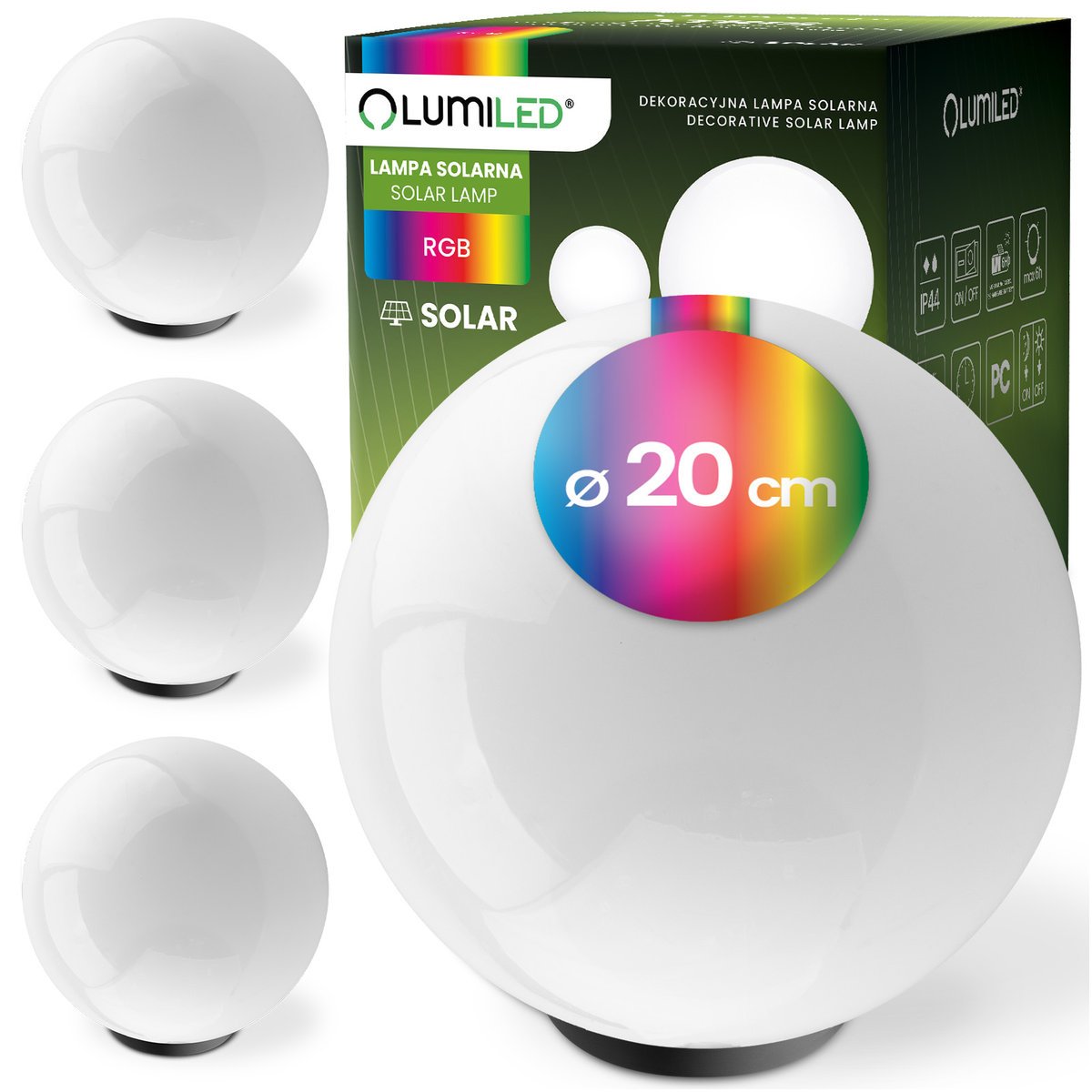 Lumiled 4x Lampa Solarna Ogrodowa LED Wbijana Naziemna Biała Kula 20cm RGB ATRIS