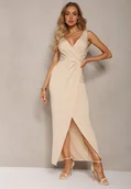 Sukienki - Beżowa Kopertowa Sukienka w Koktajlowym Stylu z MarszczeniemKalkisa - miniaturka - grafika 1